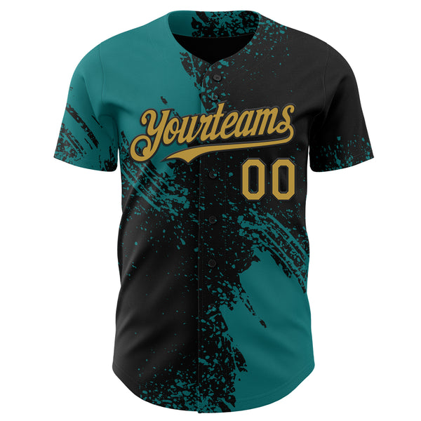 Custom Black Old Gold-Teal Abstract Brush Stroke Authentic Baseball Jersey