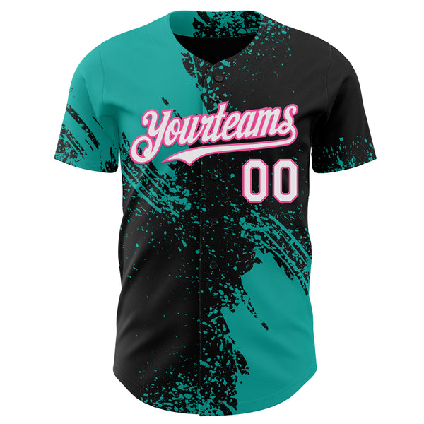 Custom Black White Aqua-Pink Abstract Brush Stroke Authentic Baseball Jersey