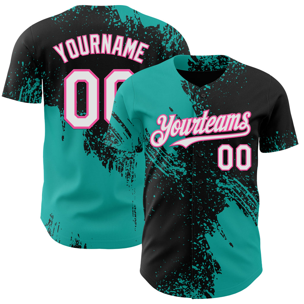 Custom Black White Aqua-Pink Abstract Brush Stroke Authentic Baseball Jersey