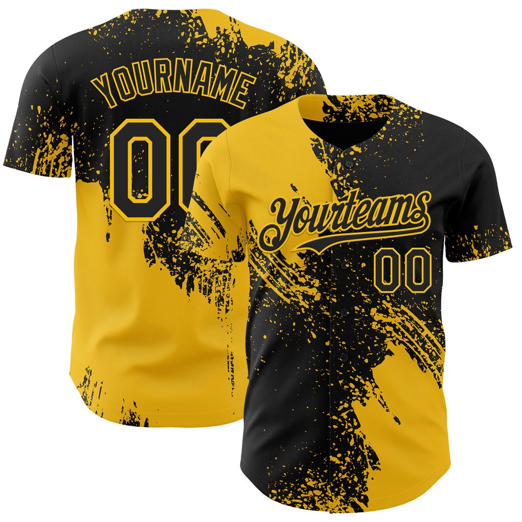 Custom Black-Yellow Abstract Brush Stroke Authentic Baseball Jersey