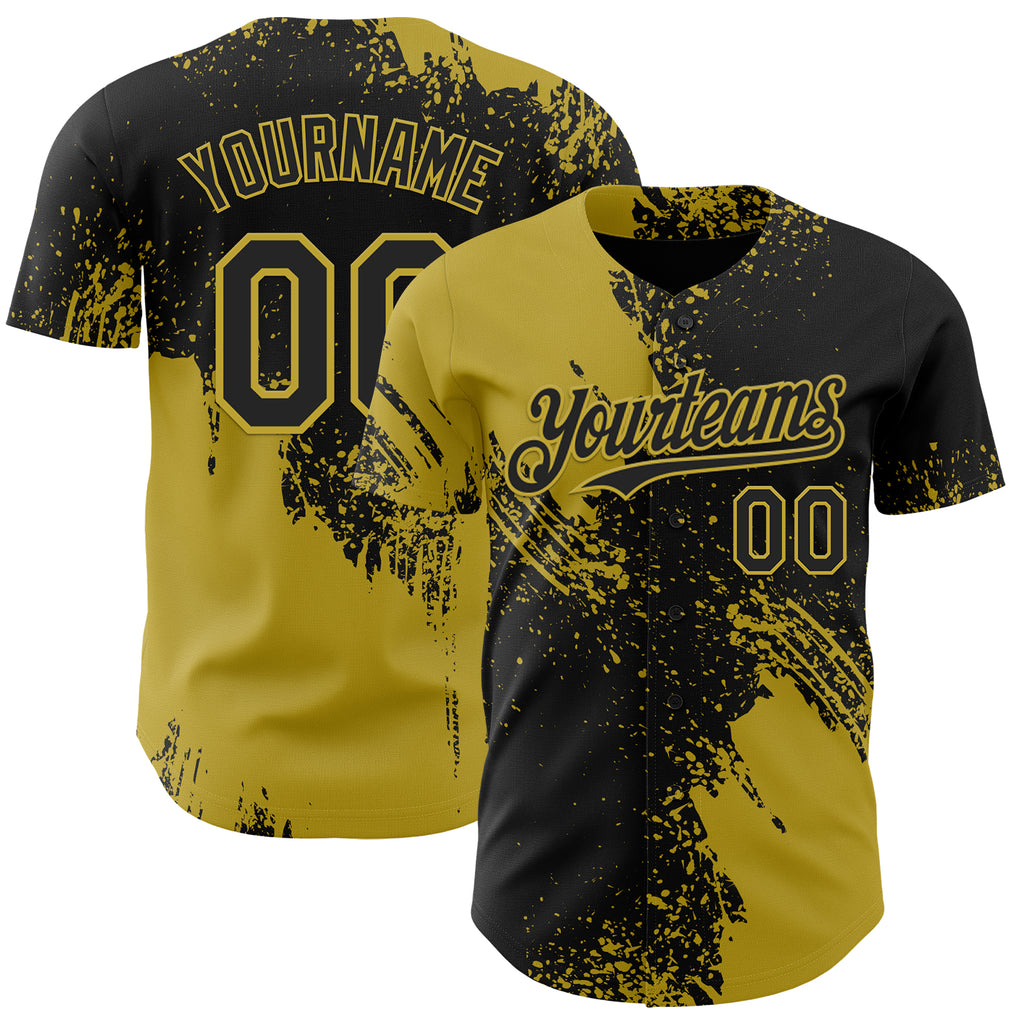 Custom Black-Old Gold Abstract Brush Stroke Authentic Baseball Jersey