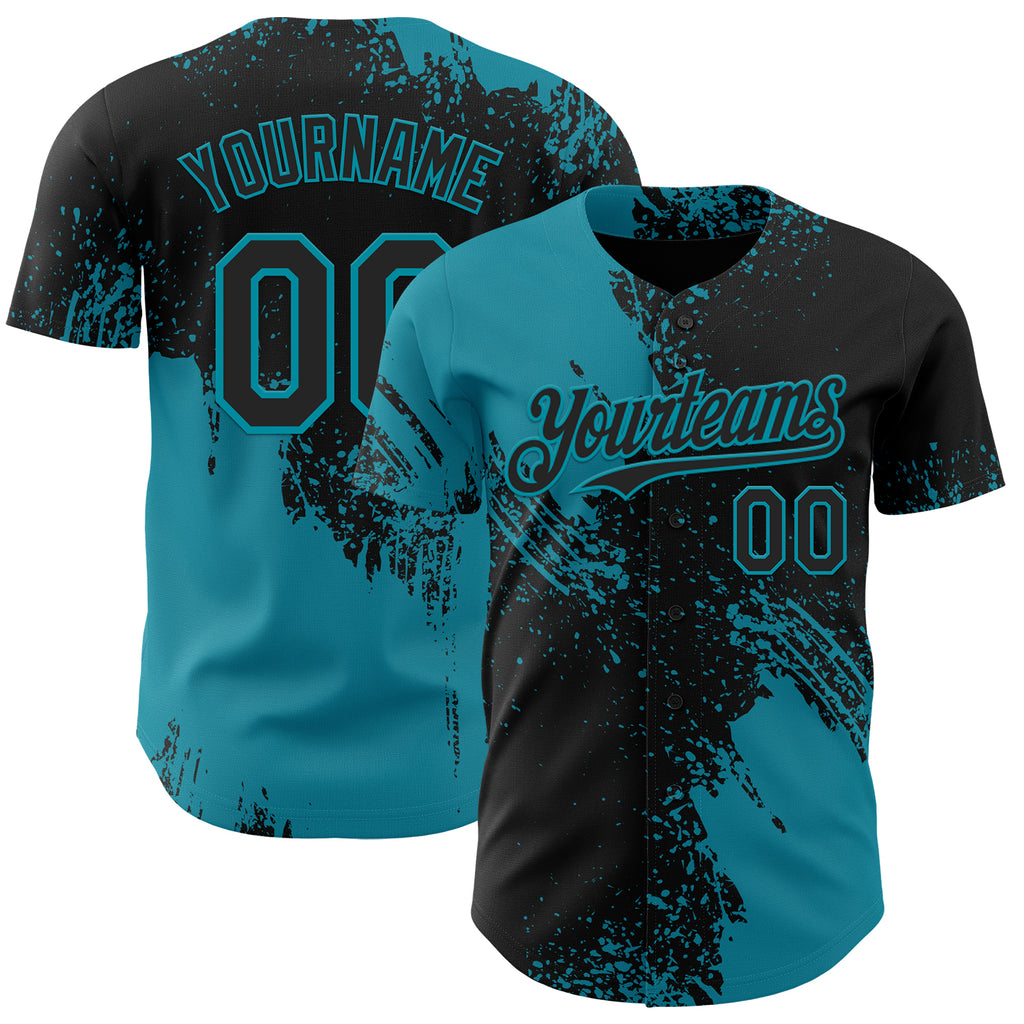 Custom Black-Teal Abstract Brush Stroke Authentic Baseball Jersey