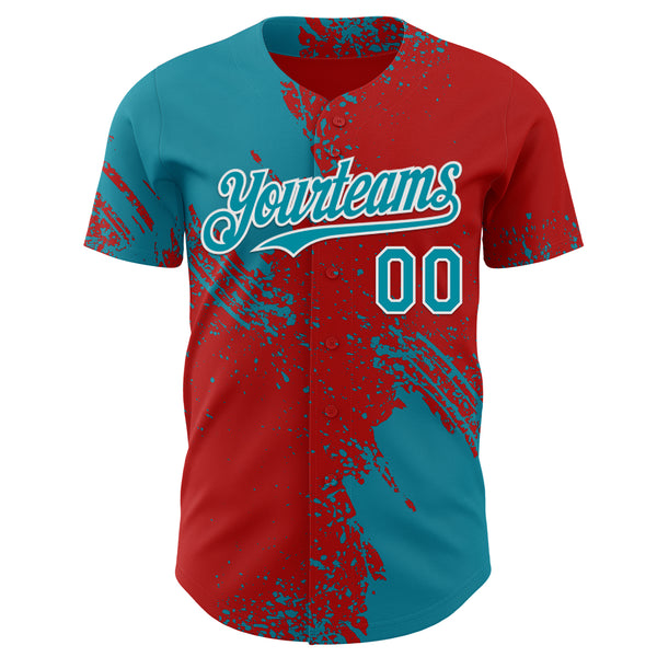Custom Red Teal-White Abstract Brush Stroke Authentic Baseball Jersey