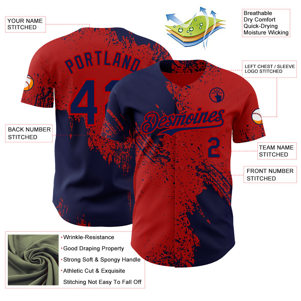 Custom Red-Navy Abstract Brush Stroke Authentic Baseball Jersey