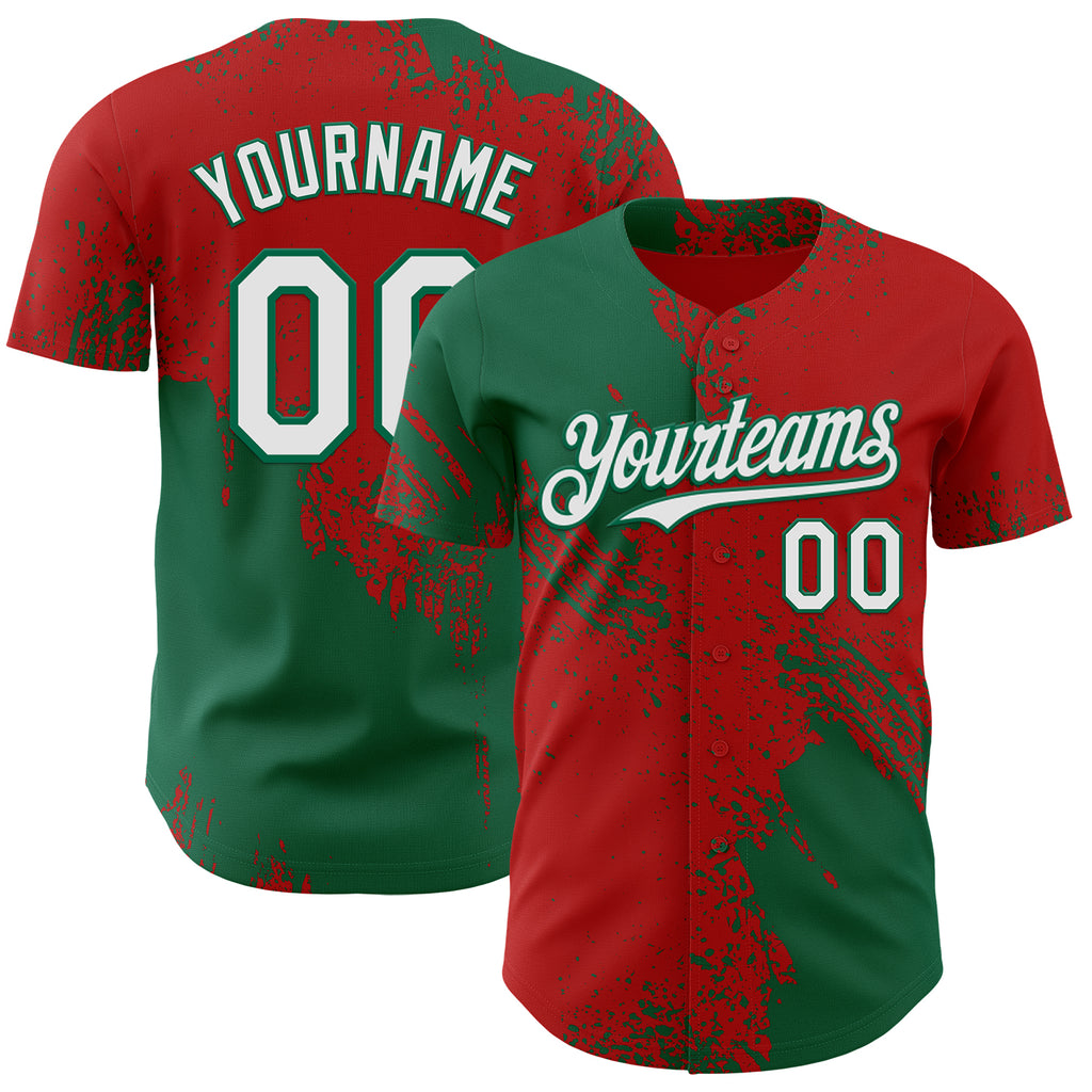 Custom Red White-Kelly Green Abstract Brush Stroke Authentic Baseball Jersey