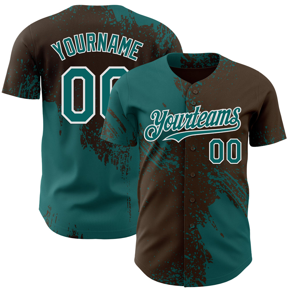 Custom Brown Teal-White Abstract Brush Stroke Authentic Baseball Jersey