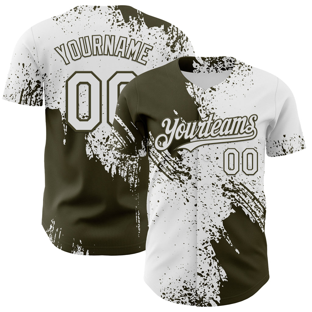 Custom White-Olive Abstract Brush Stroke Authentic Baseball Jersey