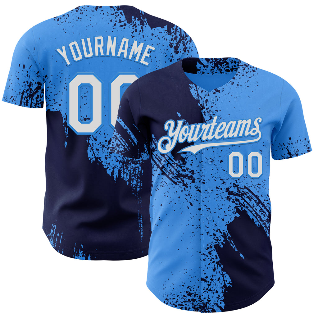 Custom Electric Blue White-Navy Abstract Brush Stroke Authentic Baseball Jersey