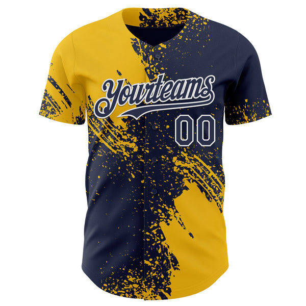Custom Navy Yellow-White Abstract Brush Stroke Authentic Baseball Jersey