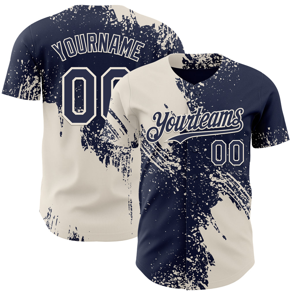 Custom Navy-Cream Abstract Brush Stroke Authentic Baseball Jersey