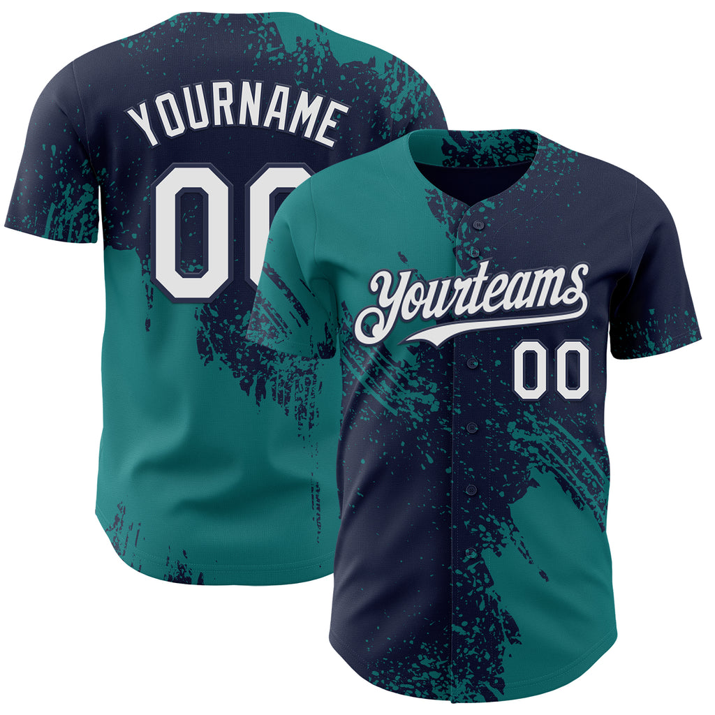 Custom Navy White-Teal Abstract Brush Stroke Authentic Baseball Jersey