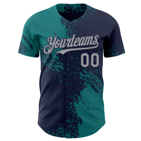 Custom Navy Gray-Teal Abstract Brush Stroke Authentic Baseball Jersey