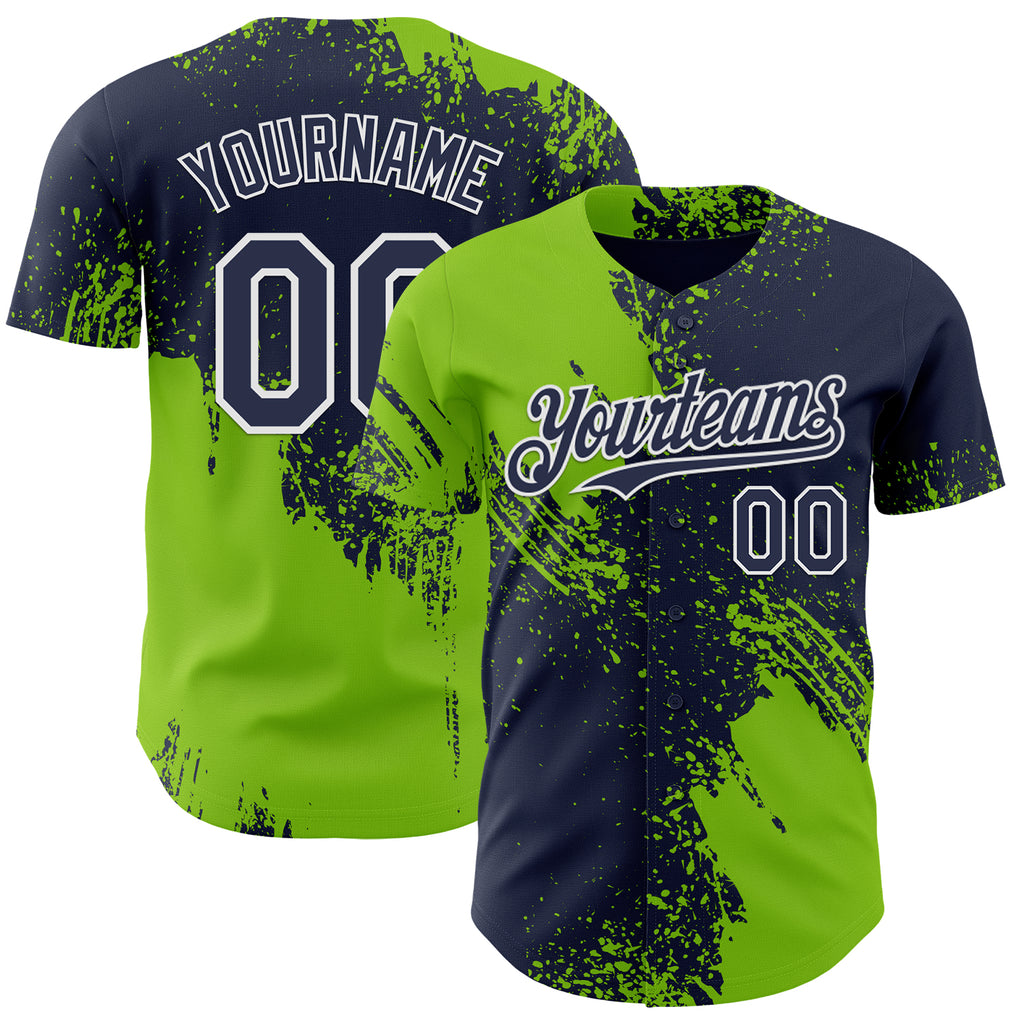 Custom Navy Neon Green-White Abstract Brush Stroke Authentic Baseball Jersey