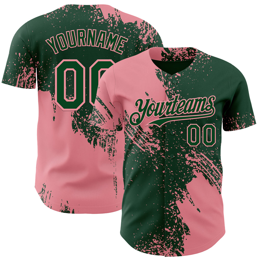 Custom Green-Medium Pink Abstract Brush Stroke Authentic Baseball Jersey