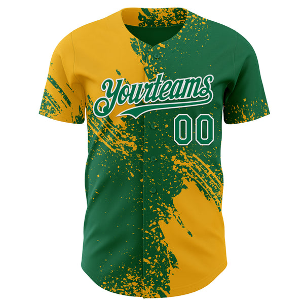 Custom Kelly Green Gold-White Abstract Brush Stroke Authentic Baseball Jersey