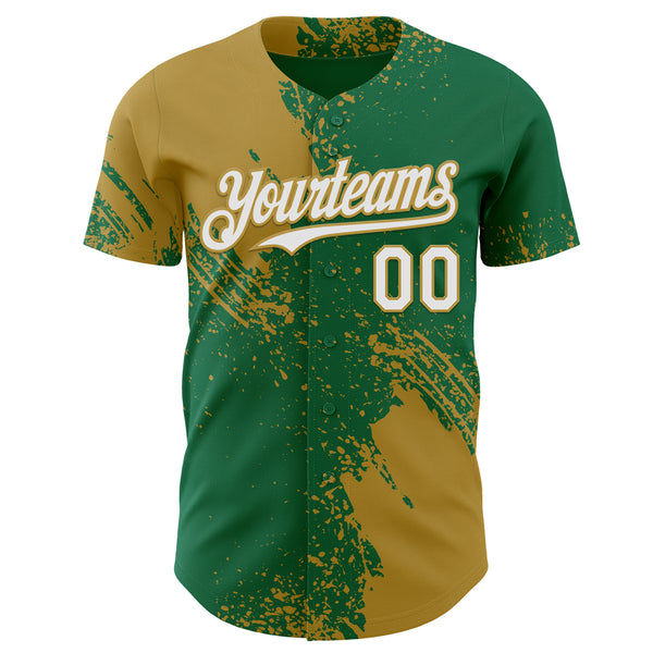 Custom Kelly Green White-Old Gold Abstract Brush Stroke Authentic Baseball Jersey