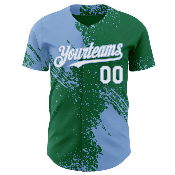 Custom Kelly Green White-Light Blue Abstract Brush Stroke Authentic Baseball Jersey