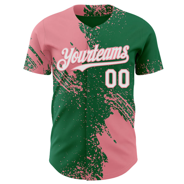 Custom Kelly Green White-Medium Pink Abstract Brush Stroke Authentic Baseball Jersey