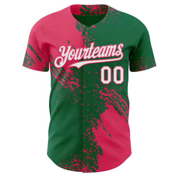 Custom Kelly Green White-Neon Pink Abstract Brush Stroke Authentic Baseball Jersey