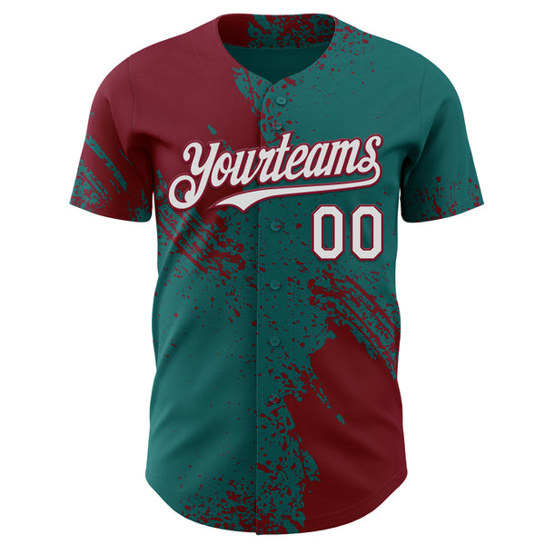 Custom Teal White-Crimson Abstract Brush Stroke Authentic Baseball Jersey