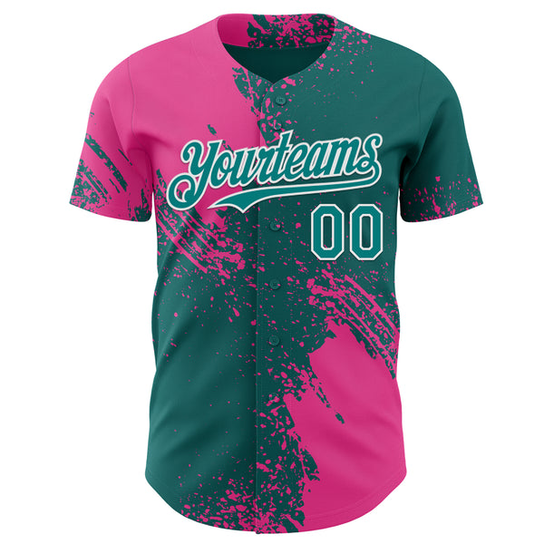 Custom Teal Pink-White Abstract Brush Stroke Authentic Baseball Jersey