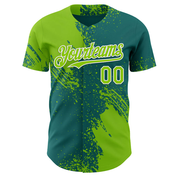 Custom Teal Neon Green-White Abstract Brush Stroke Authentic Baseball Jersey