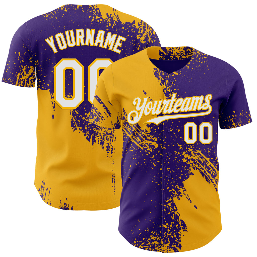 Custom Purple White-Gold Abstract Brush Stroke Authentic Baseball Jersey