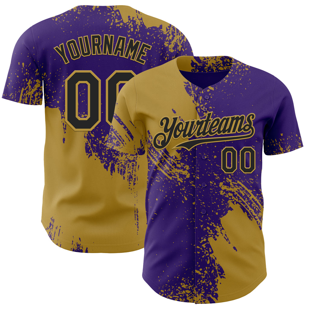 Custom Purple Black-Old Gold Abstract Brush Stroke Authentic Baseball Jersey