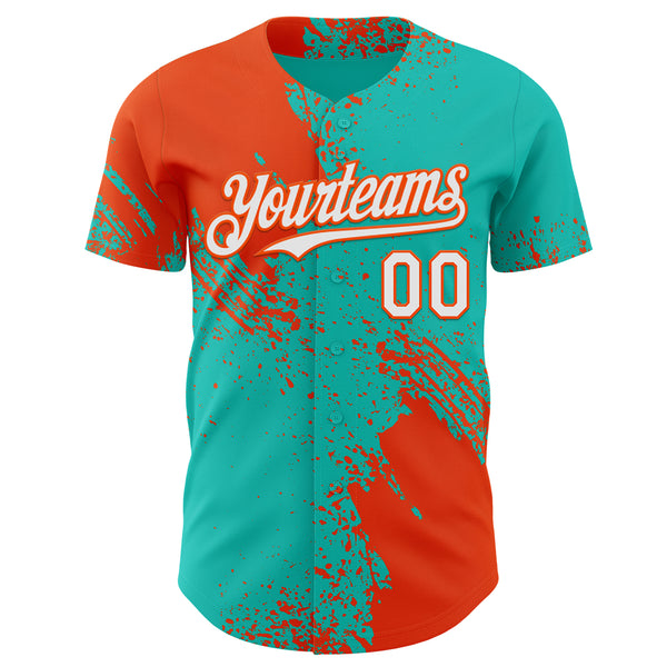 Custom Aqua White-Orange Abstract Brush Stroke Authentic Baseball Jersey