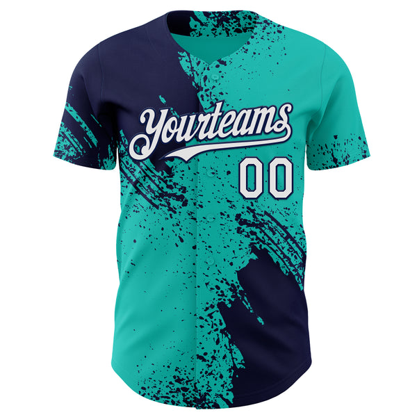Custom Aqua White-Navy Abstract Brush Stroke Authentic Baseball Jersey