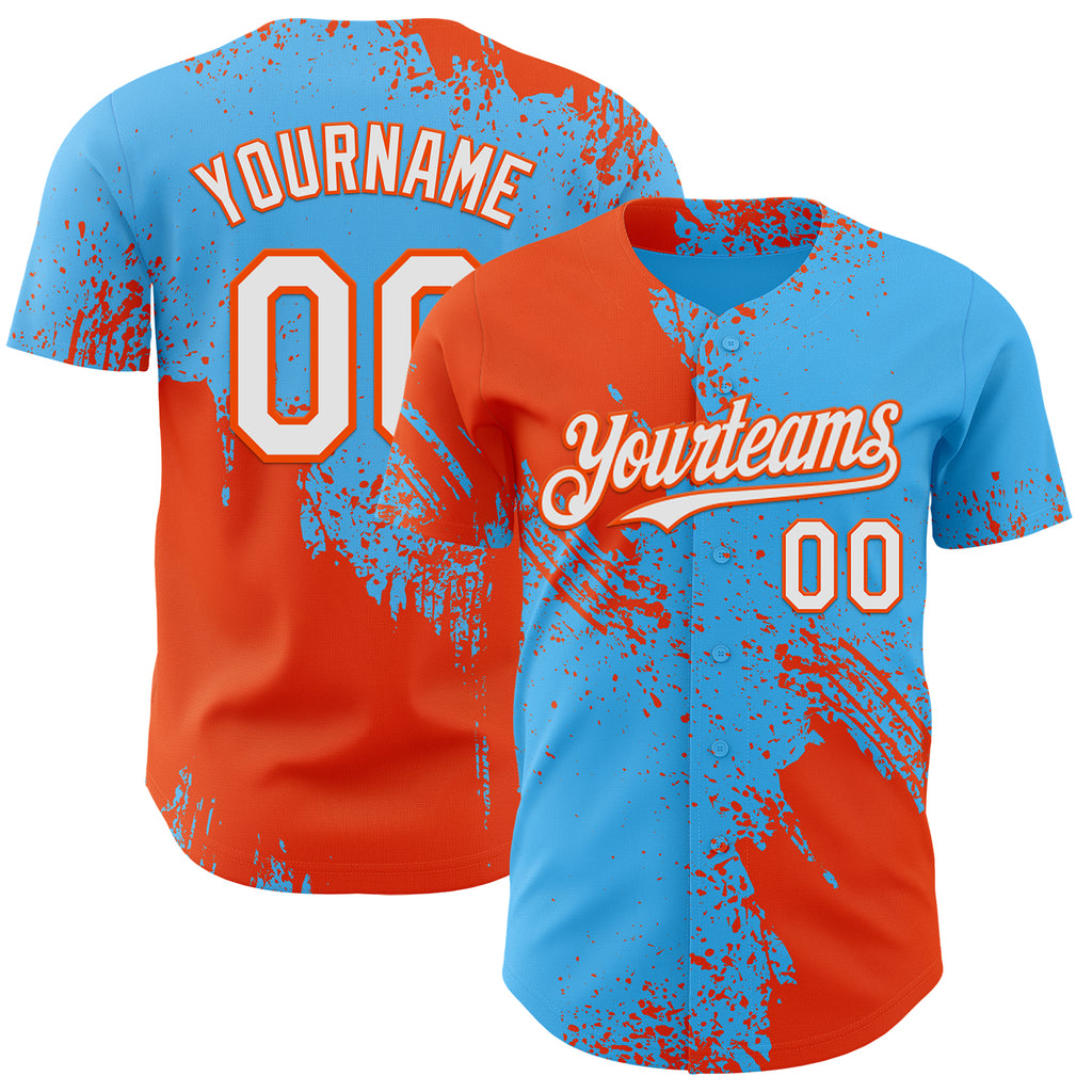 Custom Sky Blue White-Orange Abstract Brush Stroke Authentic Baseball Jersey