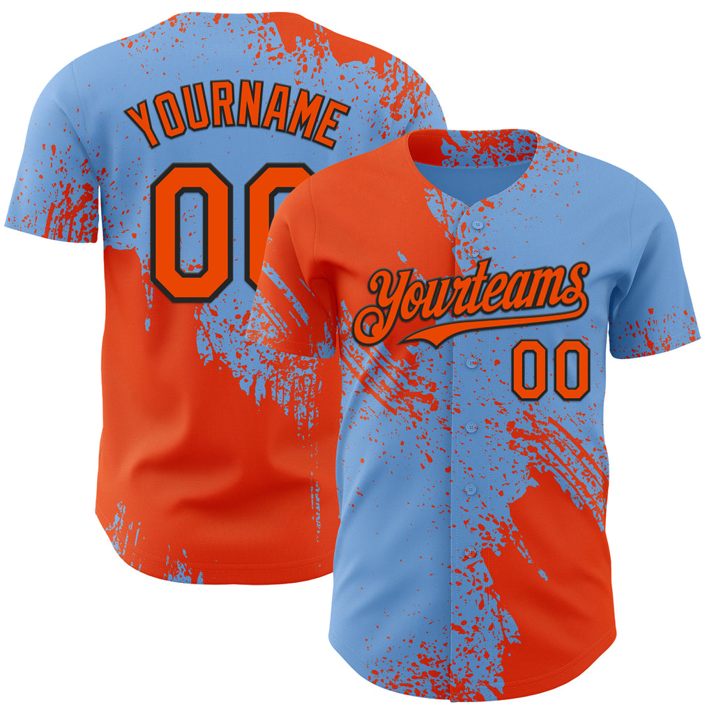 Custom Light Blue Orange-Black Abstract Brush Stroke Authentic Baseball Jersey