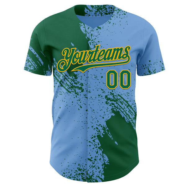 Custom Light Blue Kelly Green-Gold Abstract Brush Stroke Authentic Baseball Jersey