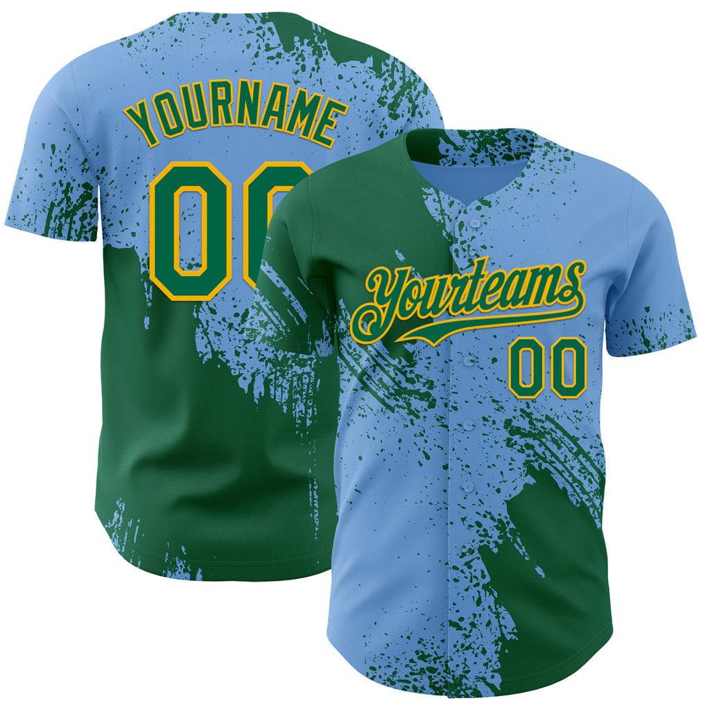 Custom Light Blue Kelly Green-Gold Abstract Brush Stroke Authentic Baseball Jersey