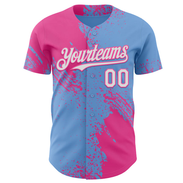 Custom Light Blue White-Pink Abstract Brush Stroke Authentic Baseball Jersey