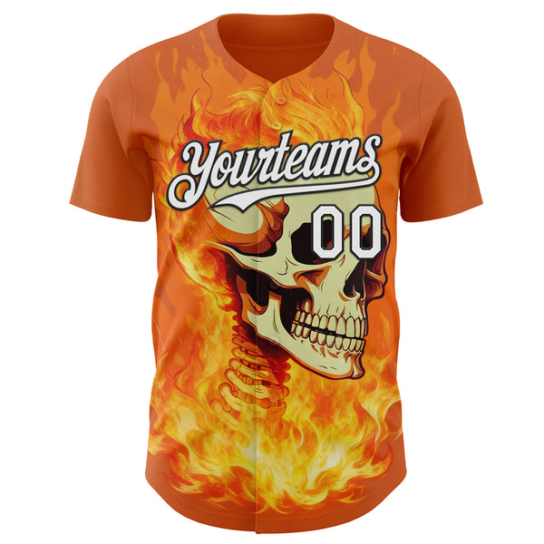 Custom Orange White-Black Flames Skull Authentic Baseball Jersey
