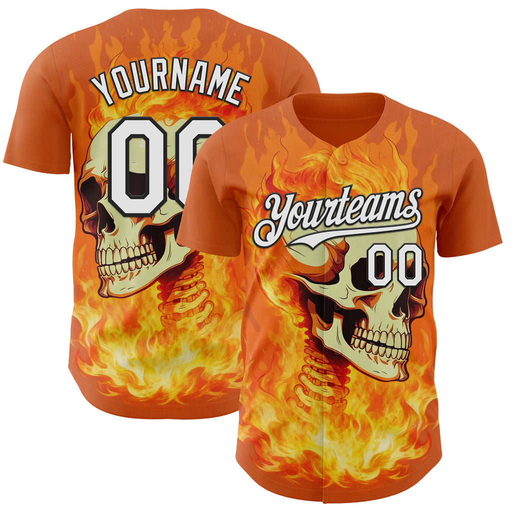 Custom Orange White-Black Flames Skull Authentic Baseball Jersey