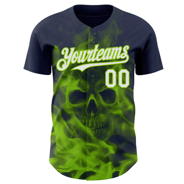 Custom Navy White-Neon Green Flames Skull Smoke Authentic Baseball Jersey