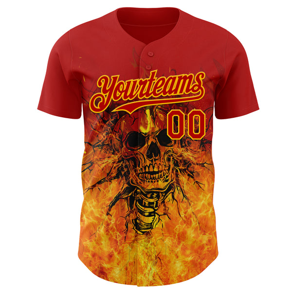 Custom Red-Gold Flames Skull Authentic Baseball Jersey