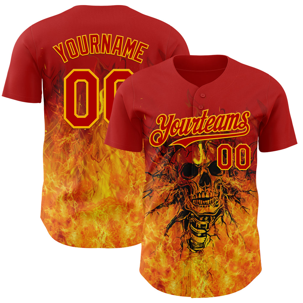 Custom Red-Gold Flames Skull Authentic Baseball Jersey