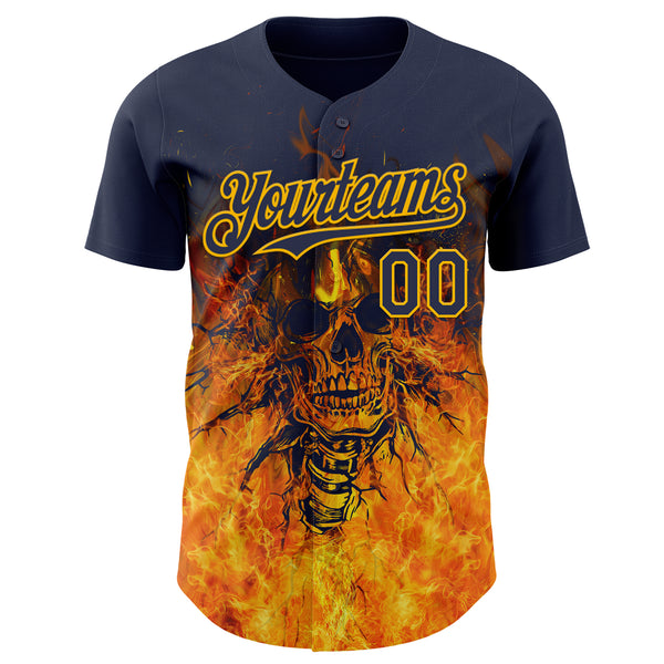 Custom Navy-Gold Flames Skull Authentic Baseball Jersey