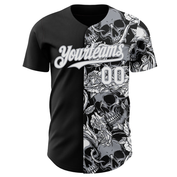 Custom Black White-Gray Skull And Rose Authentic Baseball Jersey