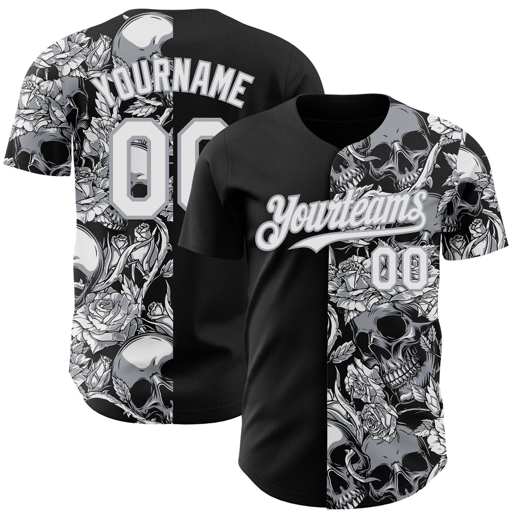 Custom Black White-Gray Skull And Rose Authentic Baseball Jersey