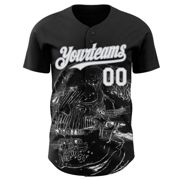 Custom Black White-Gray Skull Authentic Baseball Jersey