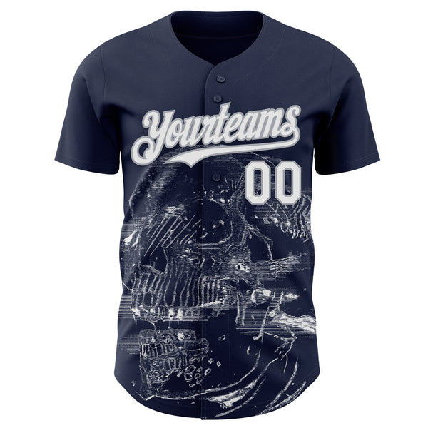 Custom Navy White-Gray Skull Authentic Baseball Jersey
