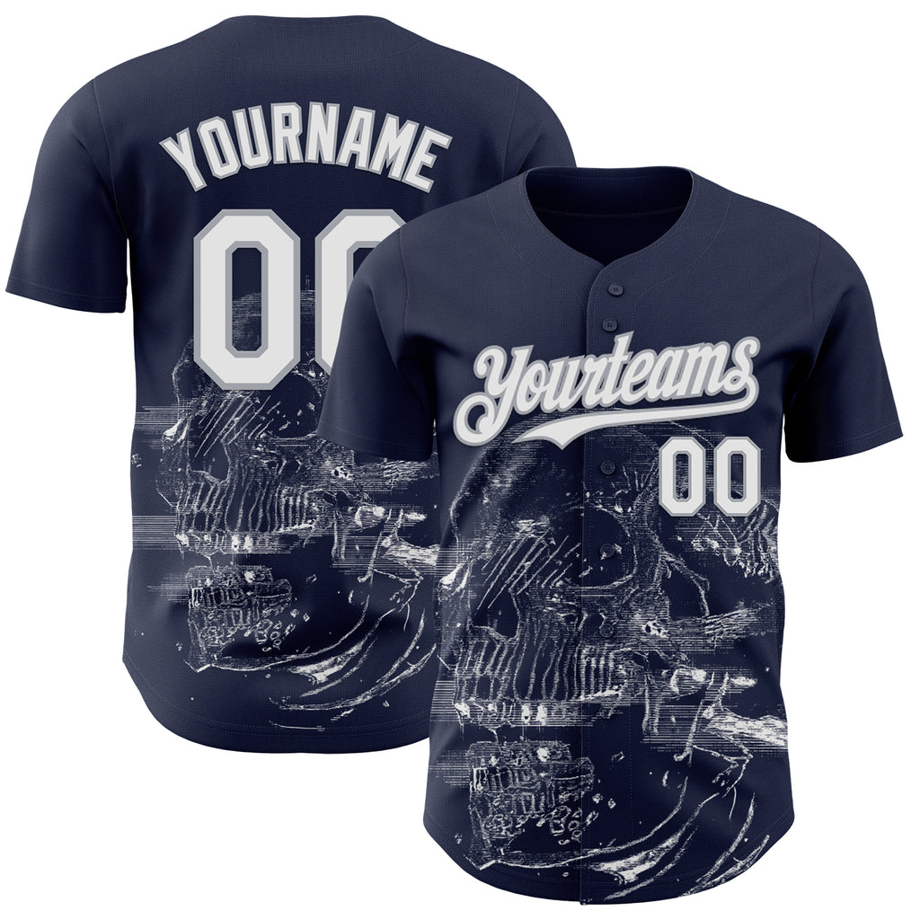 Custom Navy White-Gray Skull Authentic Baseball Jersey