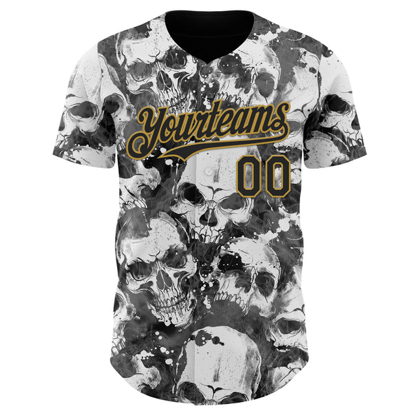 Custom Gray Black-Old Gold Flames Skull Smoke Authentic Baseball Jersey