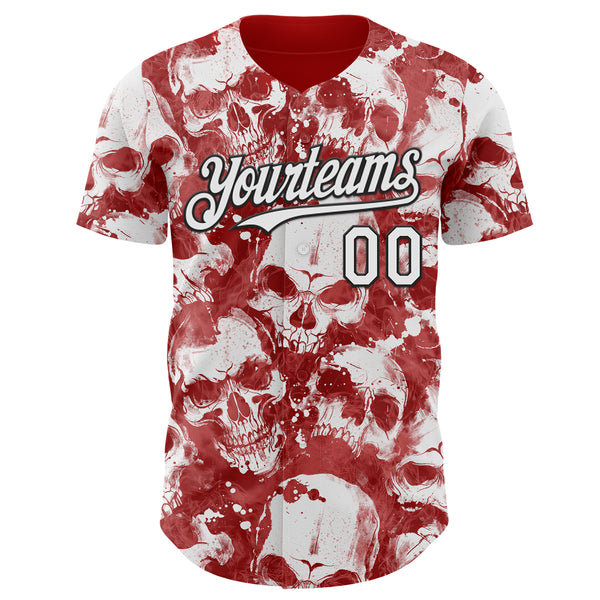 Custom Red White-Black Flames Skull Smoke Authentic Baseball Jersey