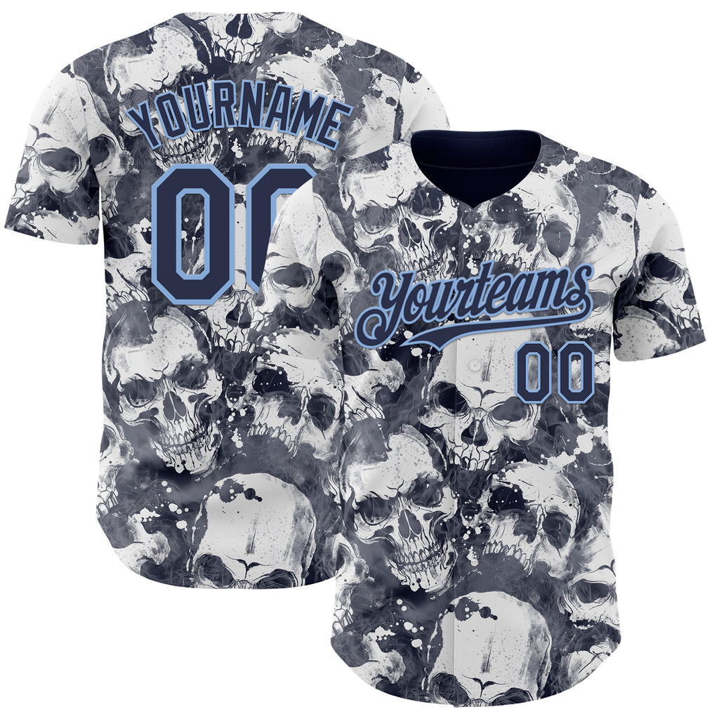 Custom Gray Navy-Light Blue Flames Skull Smoke Authentic Baseball Jersey