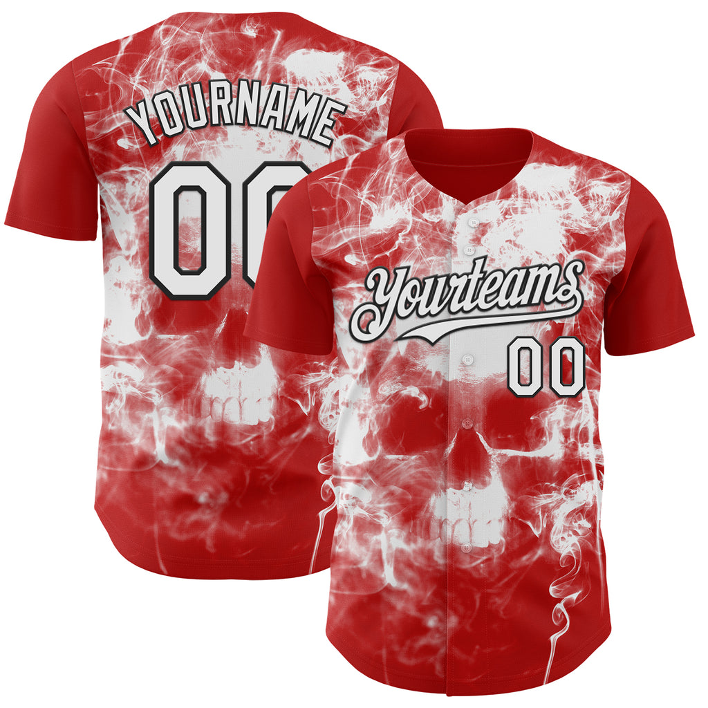 Custom Red White-Black Flames Skull Smoke Authentic Baseball Jersey